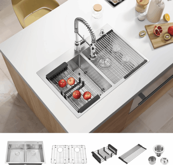 33 Inch Large Double Bowls Drop in Kitchen Sink,Nano Coating Stainless Steel Handmade Topmount Kitchen Sink