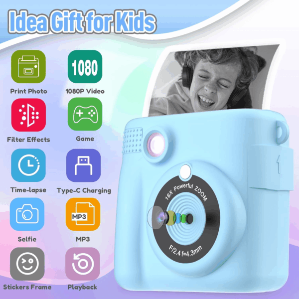Kids Camera Instant Print, Christmas Birthday Gifts for Kids Age 3-12, Selfie Digital Camera with 1080P Videos,Toddler Portable Travel Camera Toy for 4 5 6 7 8 9 Year Old Boys Girls-Blue - Image 2