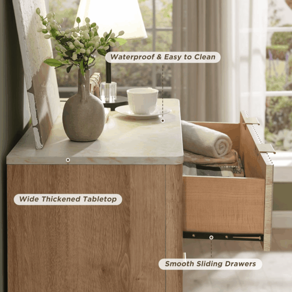 Fluted 5 Drawers Dresser, 48" Tall Modern Chest of Drawers with Faux Marble Top, Curved Profile Design, Wood Drawer Organizer for Bedroom, Living Room, Hallway, Entryway, Natural Oak - Image 5