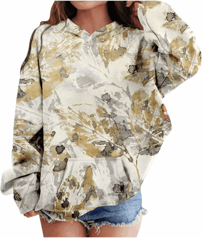 Camo Hoodies for Teen Girls Cute Sweatshirt Maple Leaf Print Oversized Fleece Sweatshirts Pullover Tops with Pocket - Image 6