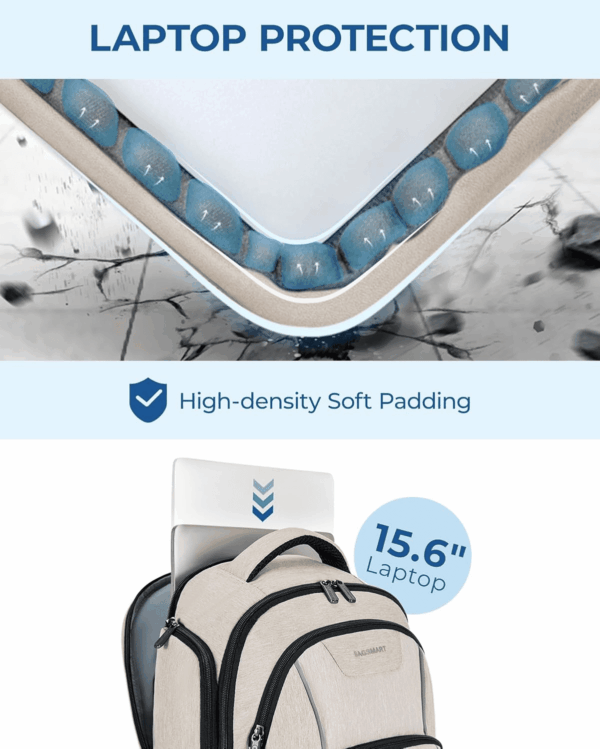 Travel Laptop Backpack, 15.6 Inch Laptop Backpack with USB Charger Hole, Water Resistant College Bookbag for Women Men, Casual Daily Backpack for Travel, Beige - Image 3