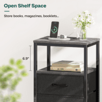 Nightstand with Charging Station, Side Table with Fabric Drawers, End Table with Open Shelf, Bedside Table with USB Ports and Outlets, Night Stand for Bedroom, Charcoal Gray - Image 6