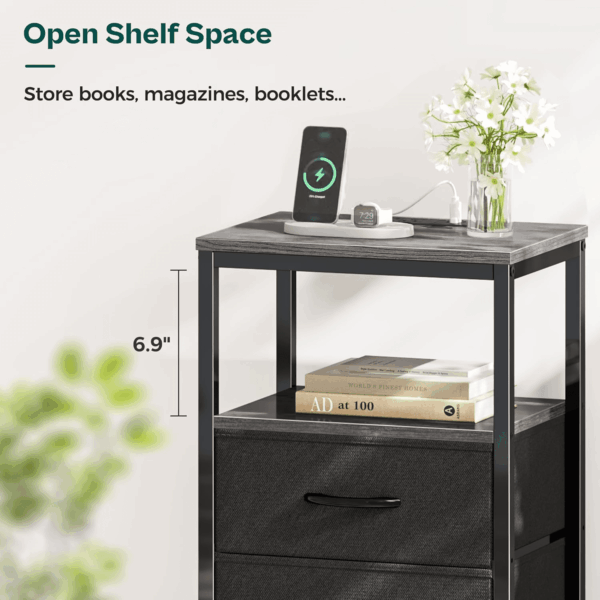 Nightstand with Charging Station, Side Table with Fabric Drawers, End Table with Open Shelf, Bedside Table with USB Ports and Outlets, Night Stand for Bedroom, Charcoal Gray - Image 6