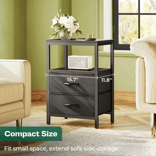 Nightstand with Charging Station, Side Table with Fabric Drawers, End Table with Open Shelf, Bedside Table with USB Ports and Outlets, Night Stand for Bedroom, Black - Image 6