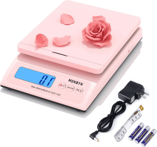 Shipping Scale, Accurate 66Lb/0.1Oz Postal Scale with Sweet Pink Style, Hold/Tear/Pcs Function, Auto-Off, Battery & AC Adapter, Back-Lit LCD Display, Digital Scale for Packages and Food Pink