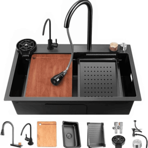 Black Waterfall Kitchen Sink, Drop in Single Bowl Stainless Steel Bar Sink with Cup Washer Sinks, Topmount Workstation Kitchen Sink with Accessories (Size : 26.8 X 17.7In)