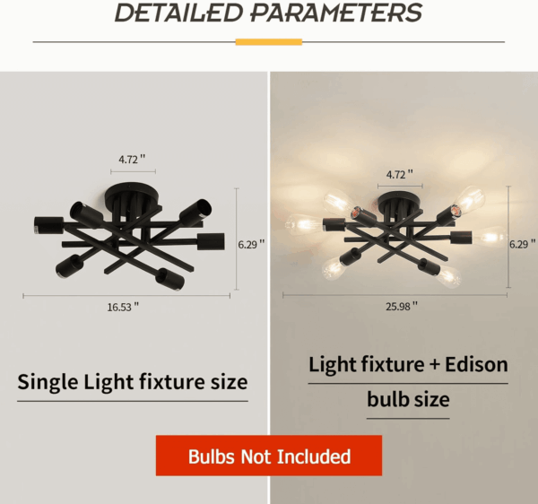 6-Lights Semi Flush Mount Ceiling Light Fixture 2-Pack Black Vintage Matte Sputnik Chandelier Ceiling Lamp for Farmhouse Dining Room Living Room Bedroom Kitchen Entryway - Image 4