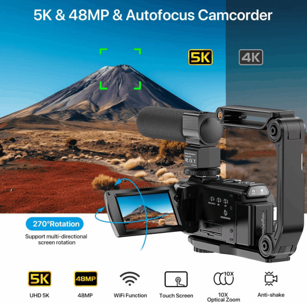 5K Video Camera Camcorder, 10X Optical Zoom 48MP UHD 30FPS Vlogging Camera for Youtube, Photography Recorder Camera with 270° 3" Rotation Screen, Microphone, Stabilizer, Remote Control - Image 2