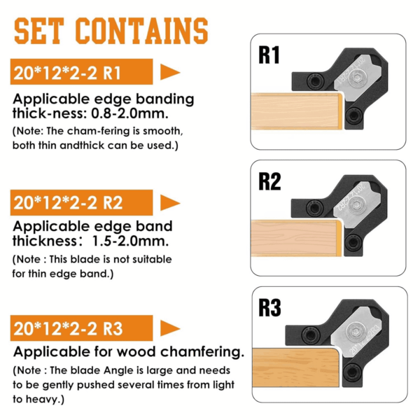 Chamfering Edge Band Trimmer,Adjustable Edge Banding Trimmer,Veneers,Hand Planer,Edge Banding Tools. (Handle + R1, R2,R3 Blade) - Image 2