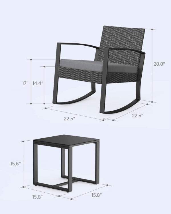 3 Pieces Patio Furniture Set Rocking Bistro Set Outdoor Rattan Conversation with Coffee Table for Garden Balcony Backyard Poolside (Grey Cushion) - Image 7