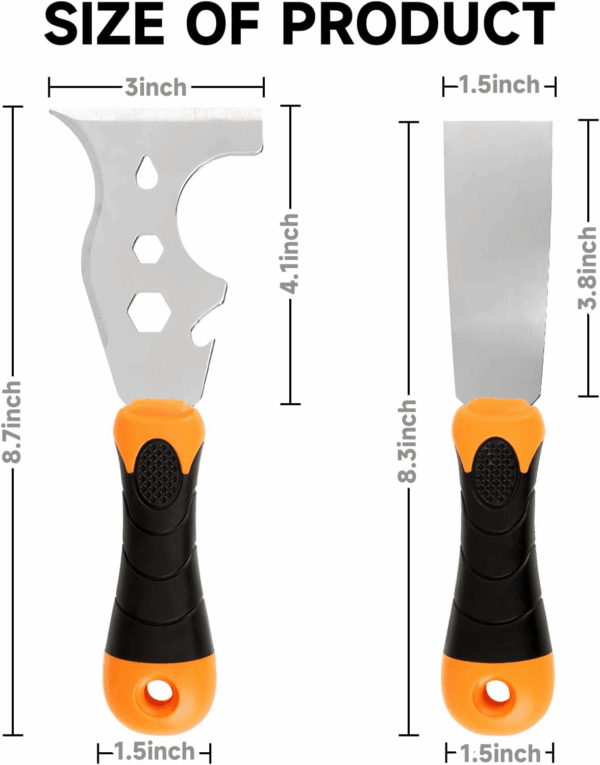 -2 Pack, 12-In-1 Paint Scraper Tool，Multi-Use Painters Tool, 1.5 Inch Stainless Steel Putty Knife Scraper，Paint Scraper for Painting & Wood，Razor Blade Scraper - Image 3