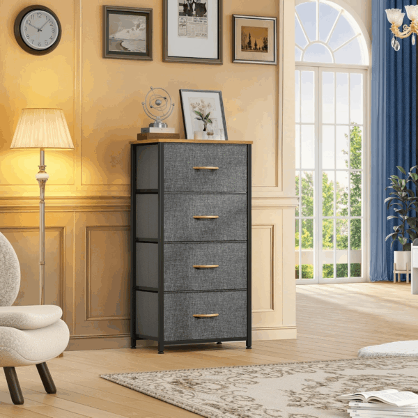 4 Drawers Dresser, Small Dresser for Bedroom, Fabric Storage Tower, Chest of Drawers, Organizer Unit for Closets, Living Room, Sturdy Steel Frame, Wooden Top, Easy Pull Handle - Image 4