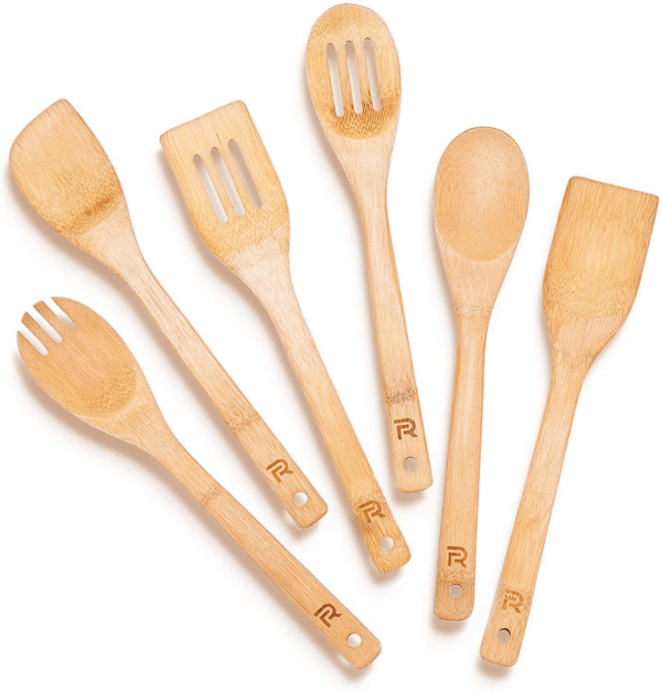 Bamboo Wooden Spoons for Cooking 6-Piece, Apartment Essentials Wood Spatula Spoon Nonstick Kitchen Utensil Set Premium Quality Housewarming Gifts for Everyday Use
