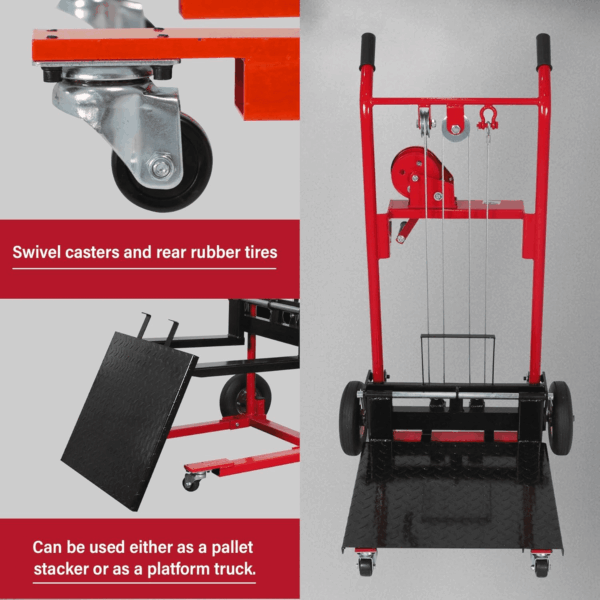 Material Lift Winch Stacker, Manual Pallet Truck Dolly 440 Lbs Capacity, 35.4" Max Lift Swivel Casters Lift Table, Fork Lift with Steel Platform - Image 3