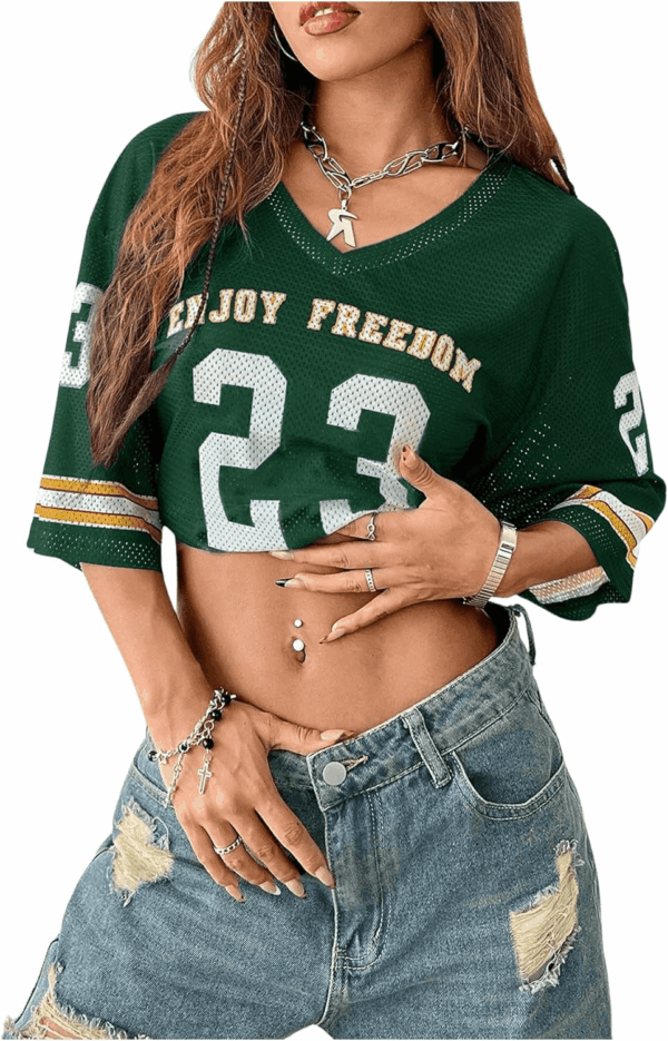 Jersey Shirts for Women Oversized T-Shirt Jersey Top Graphic V Neck T-Shirts for Teen Girls Casual Football Tee Tops Green Letter Medium