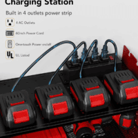 HOEMASY Power Tool Organizer Wall Mount, 3-Tier with 4 Outlet Charging Station | 100Lbs Load Heavy Duty Garage Storage Rack for Drills, Batteries, Tools | Gift for Men, Dad, Workshop & Pegboard Red - Image 2