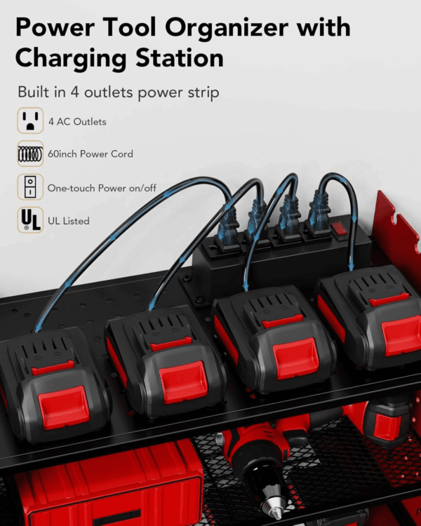 HOEMASY Power Tool Organizer Wall Mount, 3-Tier with 4 Outlet Charging Station | 100Lbs Load Heavy Duty Garage Storage Rack for Drills, Batteries, Tools | Gift for Men, Dad, Workshop & Pegboard Red - Image 2