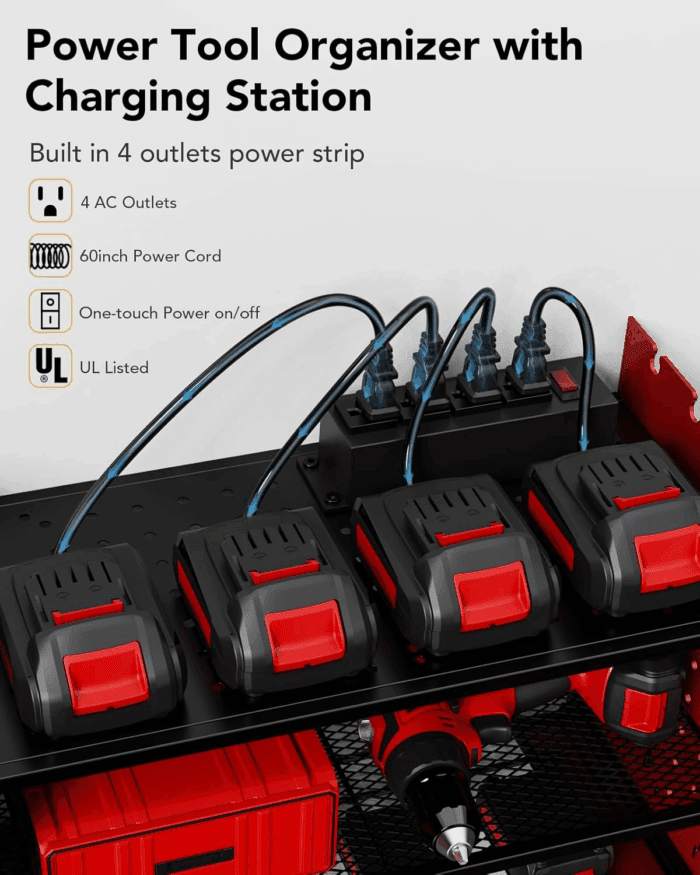 HOEMASY Power Tool Organizer Wall Mount, 3-Tier with 4 Outlet Charging Station | 100Lbs Load Heavy Duty Garage Storage Rack for Drills, Batteries, Tools | Gift for Men, Dad, Workshop & Pegboard Red - Image 2