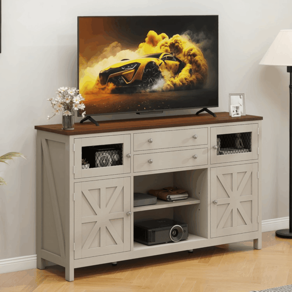 Farmhouse TV Stand for Tvs up to 65", Entertainment Center with 2 Large Drawers & Visual Grid Door, 59" Rustic TV Media Console for Living Room, Antique White - Image 3