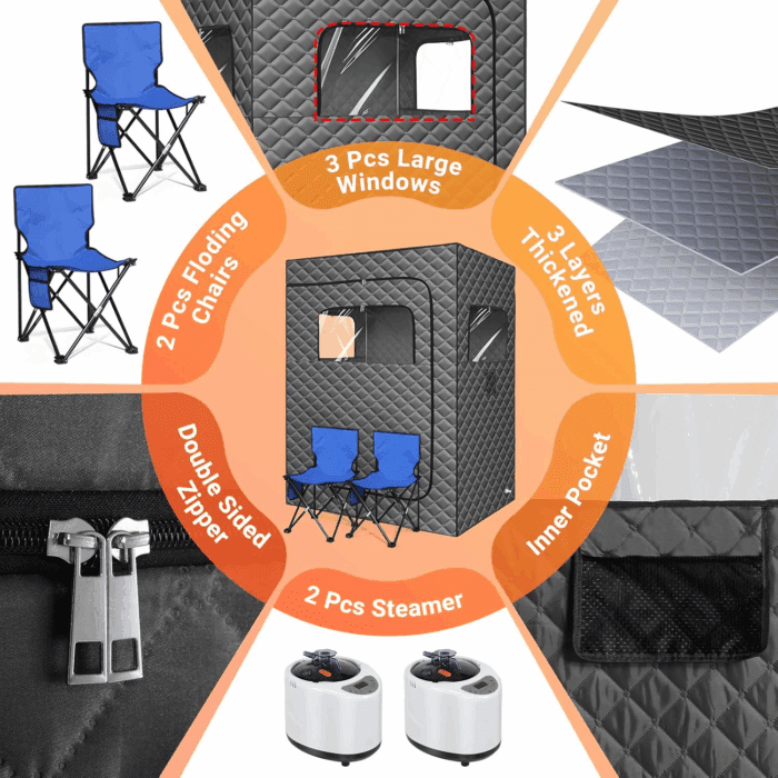2 Person Sauna for Home, 1 or 2 Person Portable Steam Sauna with 2 1000W Sauna Steamers, 2 Floding Chairs, 9 Levels Adjustable, 99 Minutes Timer, Steamer Included (Grey) - Image 5