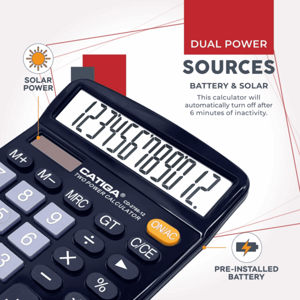 12 Digits Desktop Calculator with Large LCD Display and Sensitive Button, Dual Solar Power and Battery, Standard Function for Office, Home, School, CD-2786 - Image 3