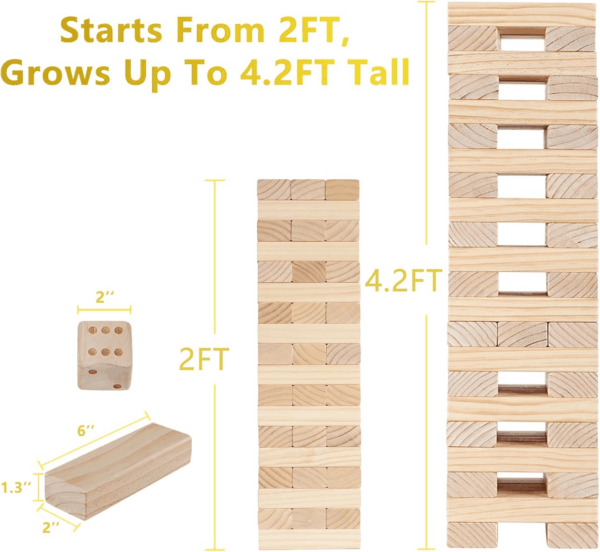 Giant Timber Blocks Games, 56 Blocks Large Tower Outdoor Games - Includes Carry Bag and Scoreboard, Wood Stacking Yard Games Grows from 2FT to over 4.2FT for Kids Adults Family - Image 3