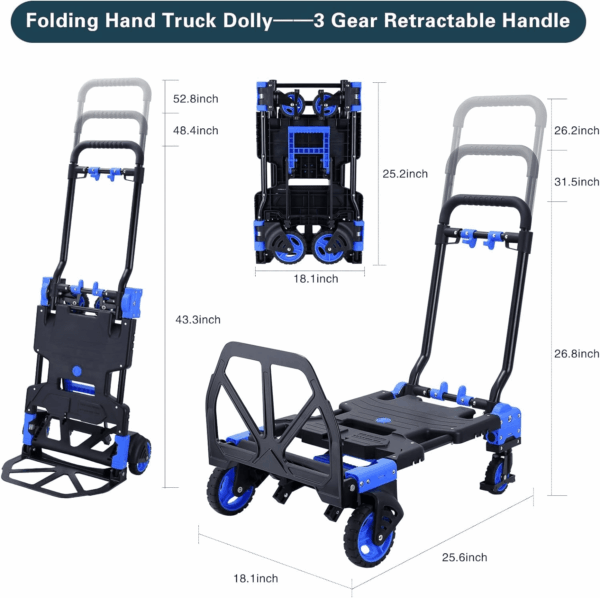 2-In-1 Hand Truck Dolly Foldable,330Lb Capacity Hand Dolly,Folding Hand Cart with Retractable Handle,Hand Truck Foldable with 4 Wheels,Portable Handtruck - Image 3