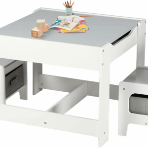 Kids Wood Table & 2 Chairs Set, 3 in 1 Children Activity Table W/Storage, Removable Tabletop, Blackboard, 3-Piece Toddler Furniture Set for Art, Crafts, Drawing, Reading, Playroom, Grey