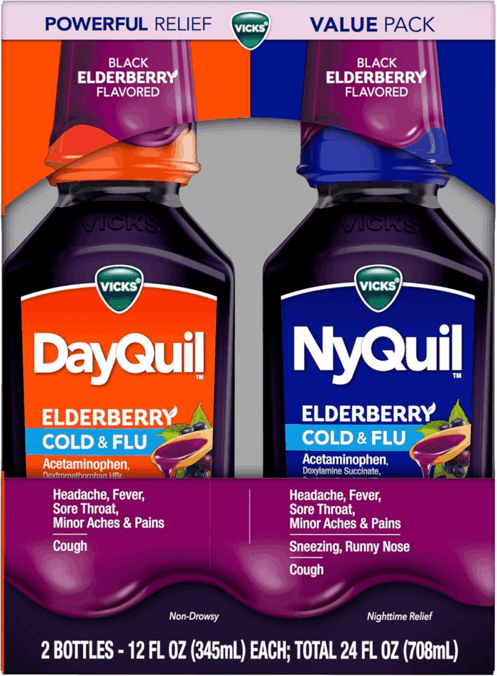 Dayquil & Nyquil Elderberry Flavor Cold & Flu Liquid Medicine Co-Pack, Multi-Symptom Relief of Headache, Fever, Sore Throat, Minor Aches & Pains, Sneezing, Runny Nose, and Cough, 2X12Oz - Image 9