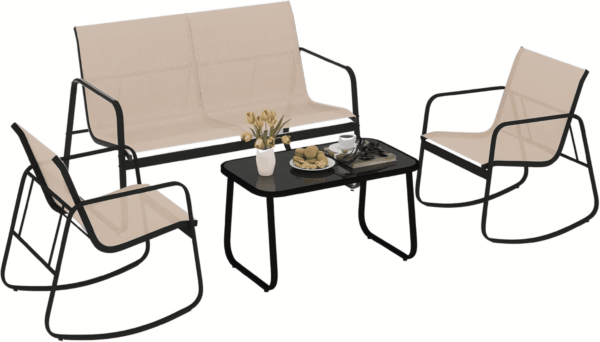 4-Piece Patio Furniture Set, Textilene Conversation Set with 2 Rocking Chairs and Tempered Glass Coffee Table, Perfect for Indoor Patio Lawn Garden Poolside, Brown