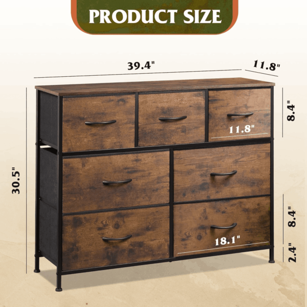 7 Drawer Dresser TV Stand, Entertainment Center, Media Console Table with Metal Frame and Wood Top for TV up to 45 Inch, Chest of Drawers for Bedroom, Living Room, Rustic Brown Wood Grain Print - Image 3