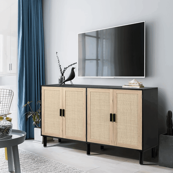4 Door Sideboard Buffet Cabinet, Kitchen Storage Cabinet with Rattan Decorated Doors, Cupboard Console Table, Boho Accent Liquor Cabinet, Bar Cabient, 62.3X 15.7X 34.6 Inches, Black - Image 6