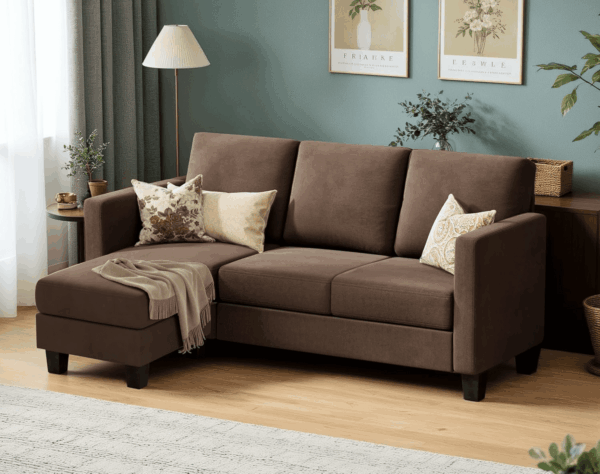 Convertible Sectional Sofa Couch, 3 Seat L-Shaped Sofa with Linen Fabric Ottoman Small Couch for Small Apartments, Living Room and Office (Linen Fabric, Brown) - Image 4