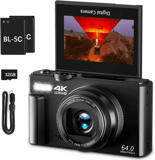 4K Digital Camera for Photography, 64MP Vlogging Camera for Youtube with 3" 180° Flip Screen, 18X Digital Zoom Point and Shoot Camara with 32GB Micro SD Card for Beginner (Black)