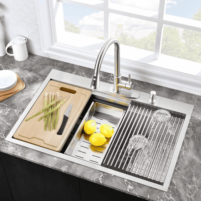 33 Inch Drop in Kitchen Sink Workstation- 33X22 Drop in Topmount Sink Double Ledges Workstation 16 Gauge Stainless Steel Single Bowl Deep Kitchen Sinks with Cutting Board - Image 3