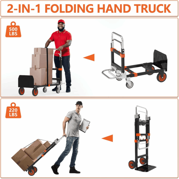 3 in 1 Heavy Duty Folding Hand Truck, Convertible Portable Steel Dolly with Telescopic Handle, Foldable Utility Cart with Rubber Wheels, 500 LB Capacity - Image 2