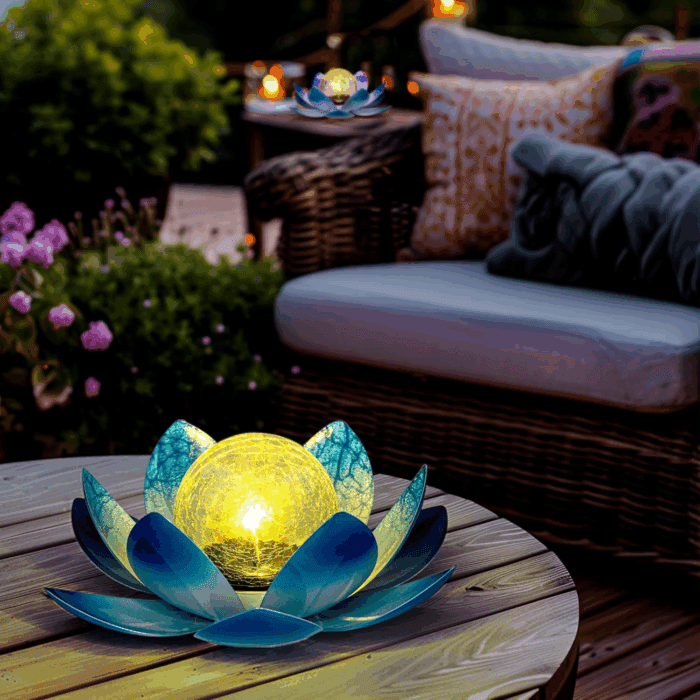 Solar Light Outdoor Garden Decor, Lotus Flower Light Crackle Globe Glass Lantern Outdoor Table Decor Waterproof for Patio, Lawn, Pathway, Pool, Pond, Christmas Gift (Blue Petal)