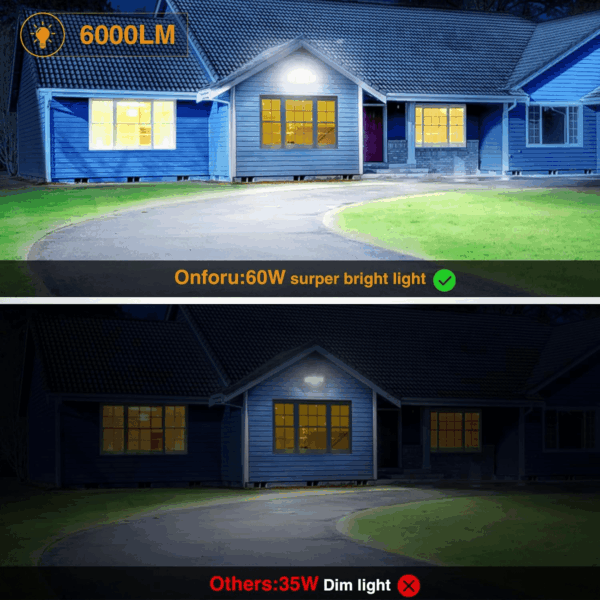 60W Flood Lights Outdoor, 6000LM Brightness Security Lights Switch Controlled, 3 Adjustable Heads, IP65 Waterproof, 6500K Wall Mount Exterior LED Flood Light - Image 3