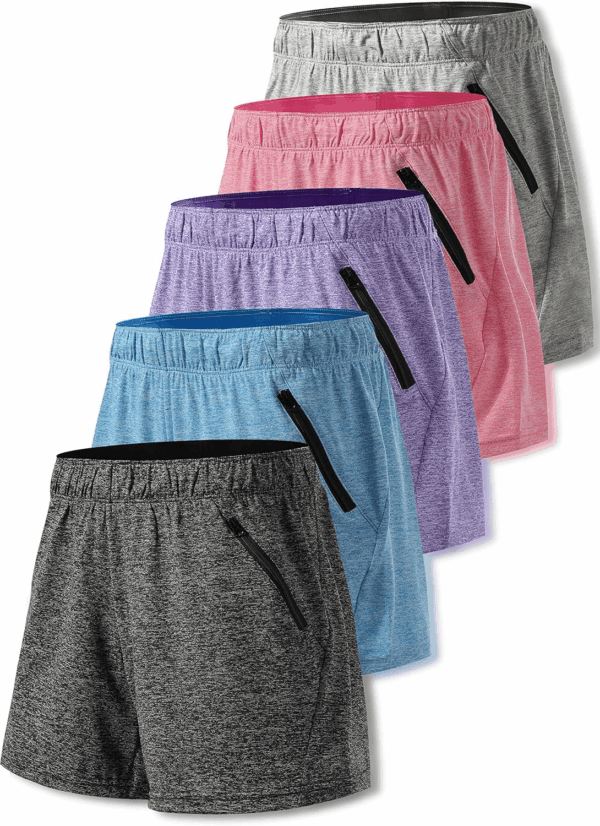5 Pack: Womens Workout Gym Shorts Casual Lounge Set, Ladies Active Athletic Apparel with Zipper Pockets - Image 2