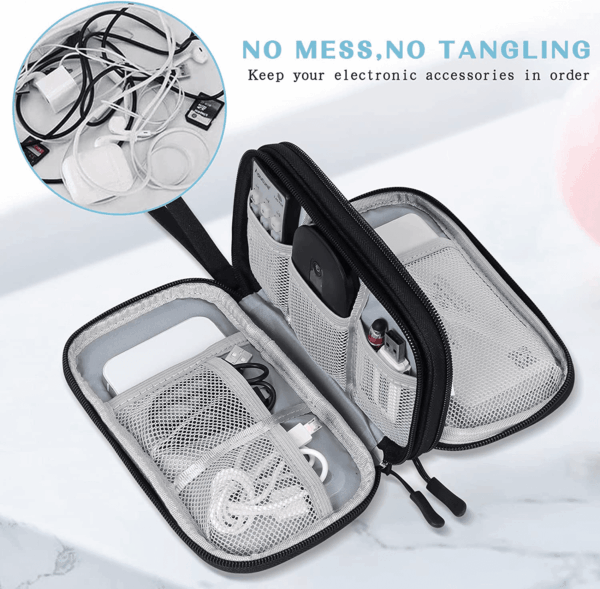 Travel Cable Organizer Pouch Electronic Accessories Carry Case Portable Waterproof Double Layers All-In-One Storage Bag for Cord, Charger, Phone, Earphone Black - Image 6