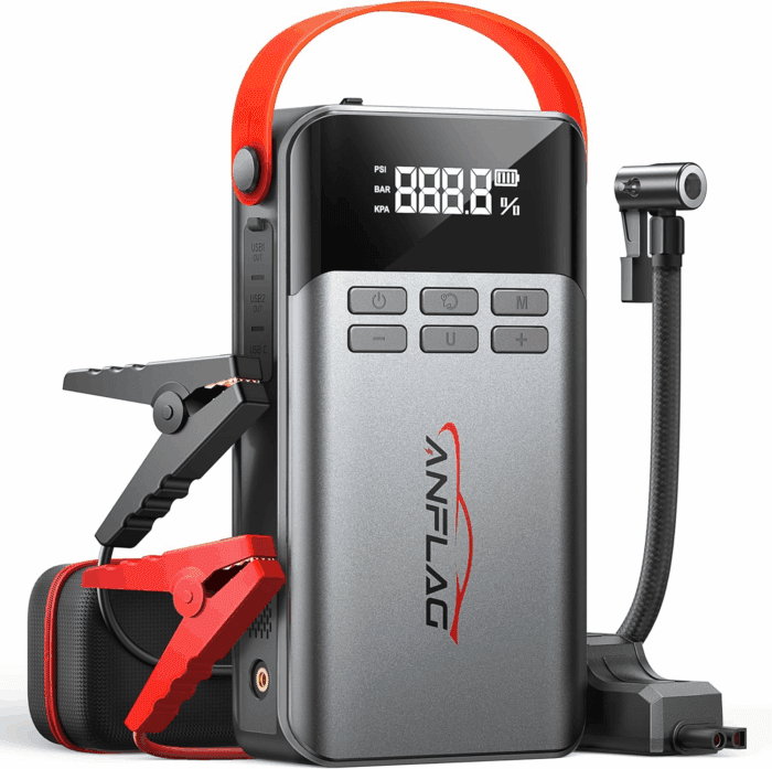 8-In-1 Car Battery Jump Starter with Air Compressor,5500A Portable Jump Starter Pack with 150PSI Tire Inflator, 12V Safe Lithium Jump Box with LCD Display,Flashlight(Up All Gas/12.0L Diesel)