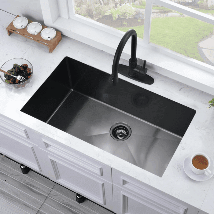 27 Inch Black Undermount Sink - 27X19 Undermount Kitchen Sink Deep Single Bowl Stainless Steel Black Kitchen Sink with Colander - Image 2