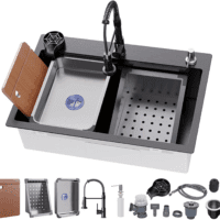 29.5 * 17.7 Inch Kitchen Sink, Single Bowl Stainless Steel Sink Multifunctional Drop in Sink with Pull-Down Faucet and Multiple Accessories (Black Grey, 29.5 * 17.7 Inch)