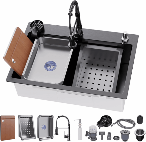 29.5 * 17.7 Inch Kitchen Sink, Single Bowl Stainless Steel Sink Multifunctional Drop in Sink with Pull-Down Faucet and Multiple Accessories (Black Grey, 29.5 * 17.7 Inch)