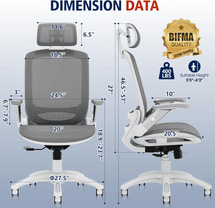Ergonomic Office Chair, High Back Home Desk Chair with Headrest, Flip-Up Arms, 90-120° Tilt Lock and Wide Cushion, 400LBS Mesh Chairs for Man Woman, White Task Chair(Dark Grey,Gy01Wdg) - Image 3