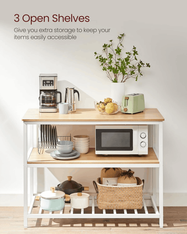 Kitchen Island with 3 Shelves, 47.2 Inches Width Kitchen Shelf with Large Worktop, Stable Steel Structure, Industrial, Easy to Assemble, Oak Color and White UKKI001W09 - Image 6
