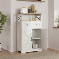 Set of 2 Farmhouse Storage Cabinet with Barn Doors and Drawers, Freestanding Kitchen Pantry, Floor Storage Cabinet Hutch Cupboard for Kitchen, Laundry, Living Room, White - Image 6