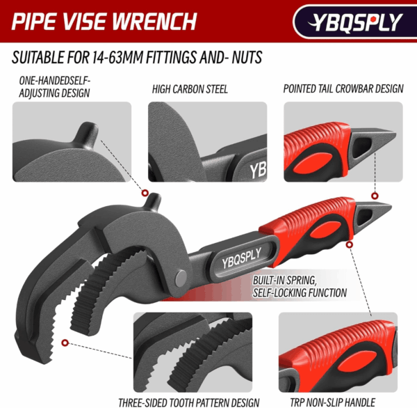 Pipe Wrench Set, 10” and 15” Self Adjusting Wrench 2-Piece Plumbing Tools - Pipe Vise Wrench Basin Wrench for 0.55“-2.48”/14-60Mm Standard Nuts, Irregular Nuts, Pipes Use - Image 3
