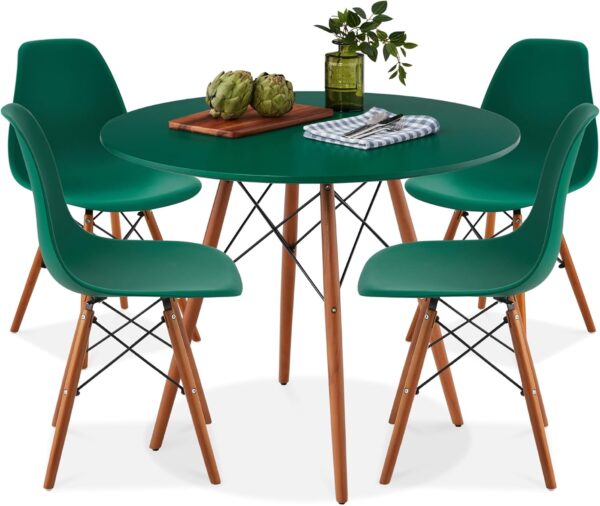 5-Piece Dining Set, Compact Mid-Century Modern Table & Chair Set for Home, Apartment W/ 4 Chairs, Plastic Seats, Wooden Legs, Metal Frame - Dark Green/Walnut
