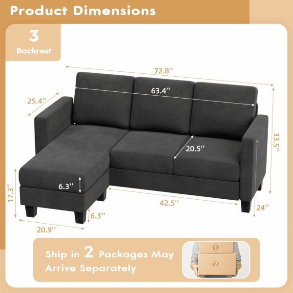 Convertible Sectional Sofa Couch, 3 Seat L-Shaped Sofa with Linen Fabric Ottoman Small Couch for Small Apartments, Living Room and Office (Linen Fabric, Dark Gray) - Image 2